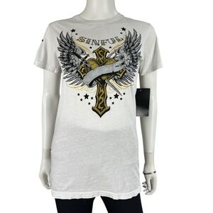 Sinful by‎ Affliction Shirt Womens Small White Angel Cross Short Sleeve